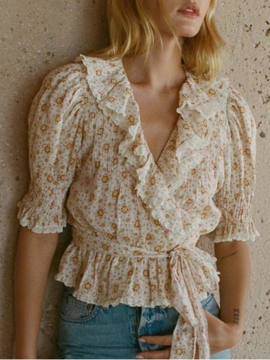 Doen Tops - Doen Thames Ramie Ruffle Pintuck Short Sleeve Top Alabaster Countryside Calico